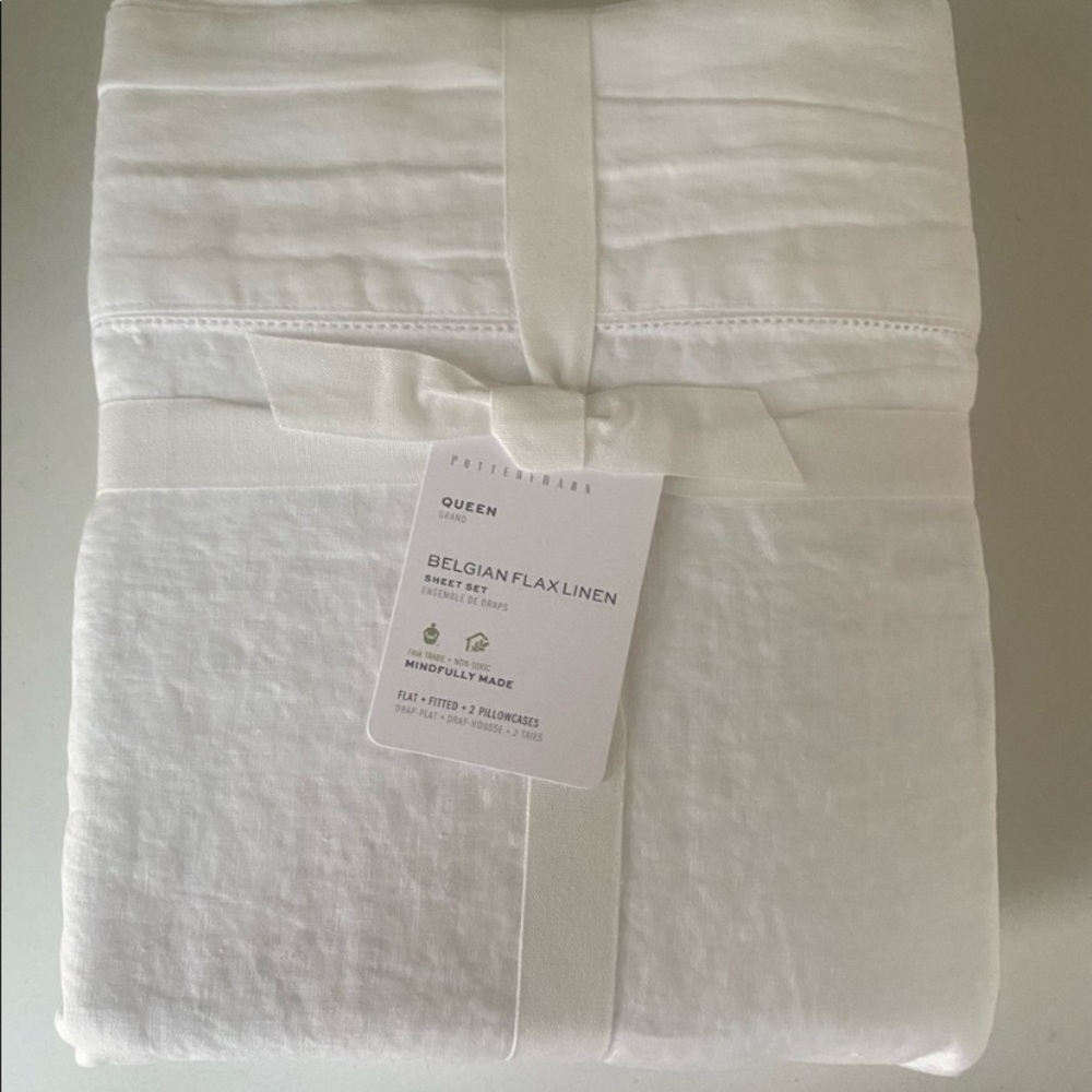 Pottery Barn Belgian Flax Linen Queen Sheet Set - White